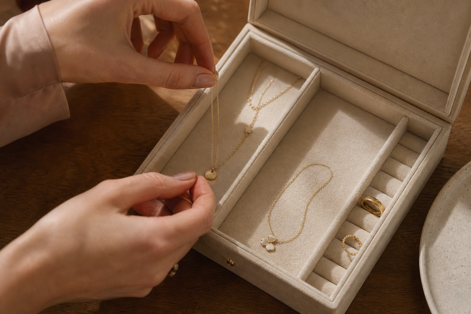 Fine necklaces arranged separately in a cream jewelry box