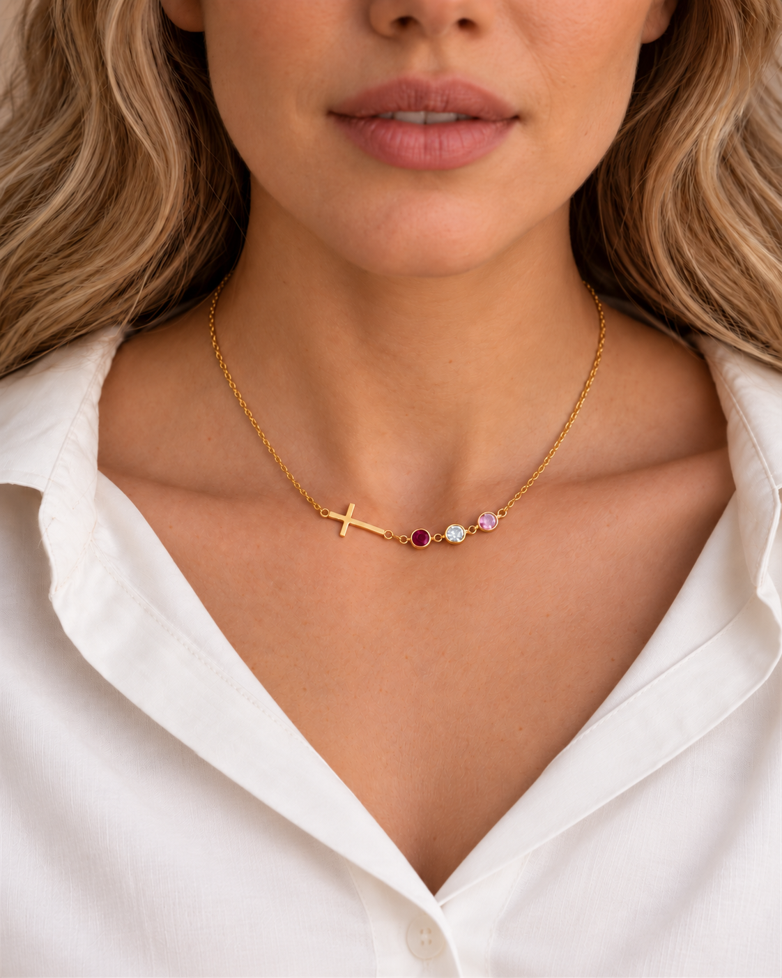 Inès Cross Birthstone Necklace in gold worn on model — front view