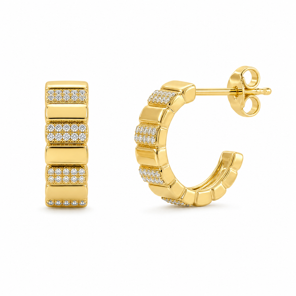 Pave Striped Gold Open Hoops
