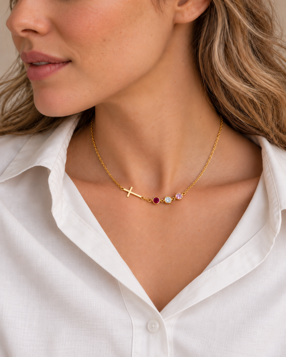 Inès Cross Birthstone Necklace in gold worn on model — opposite view