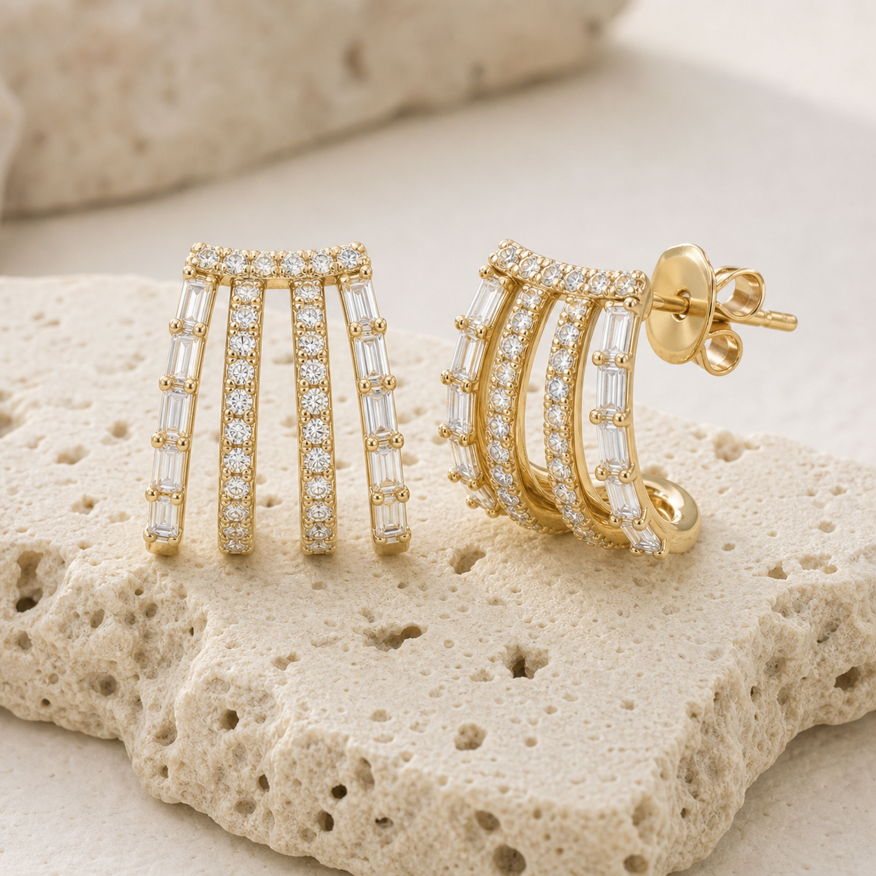 Baguette and Diamond Four Wrap Earrings rock gold by SURI
