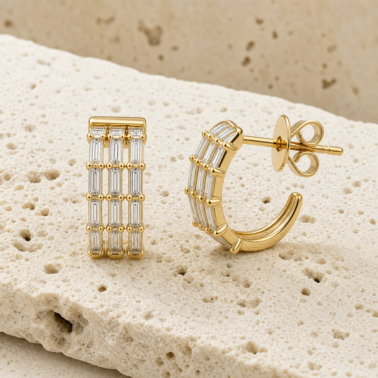 Three Baguette Wrap Earrings rock gold by SURI