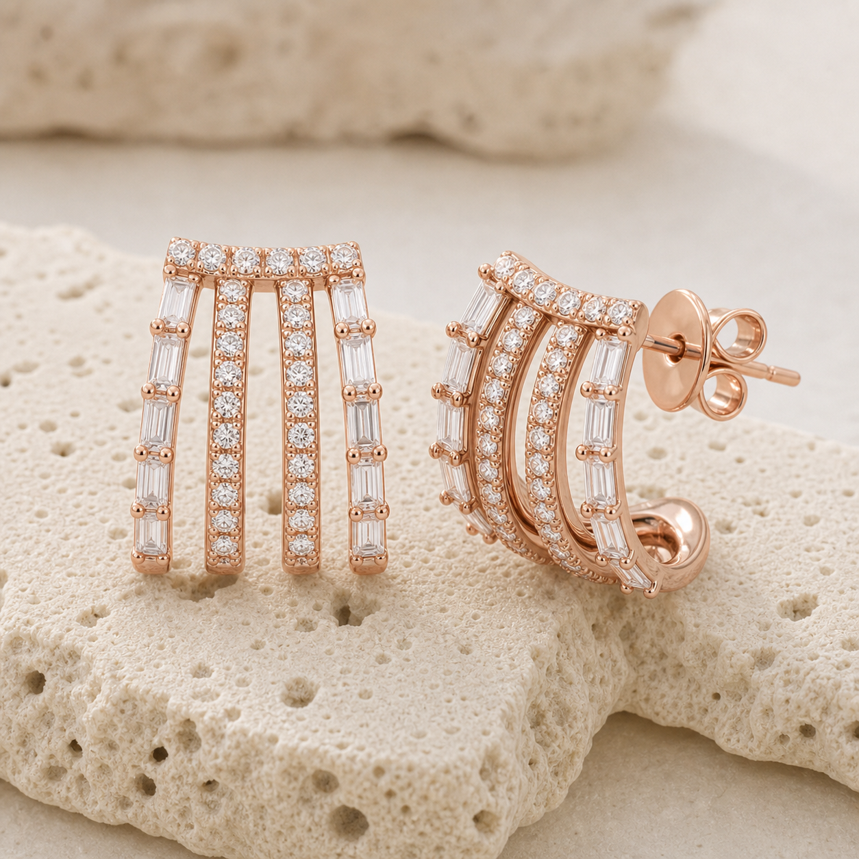 Baguette and Diamond Four Wrap Earrings rock rose gold by SURI