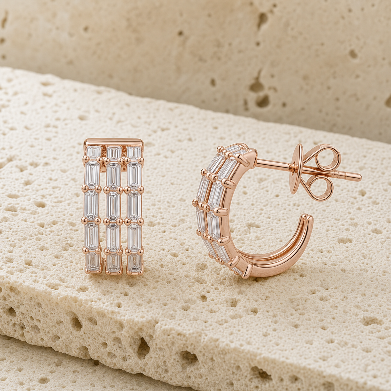Three Baguette Wrap Earrings rock rose gold by SURI