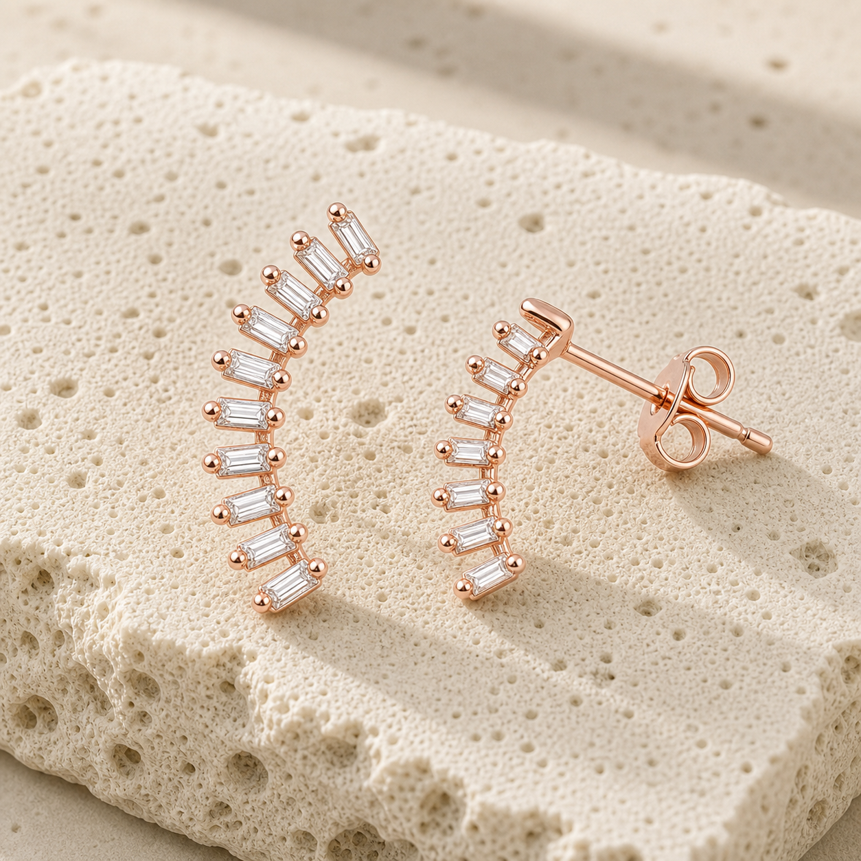 Curved Baguette Climbers rock rose gold by SURI