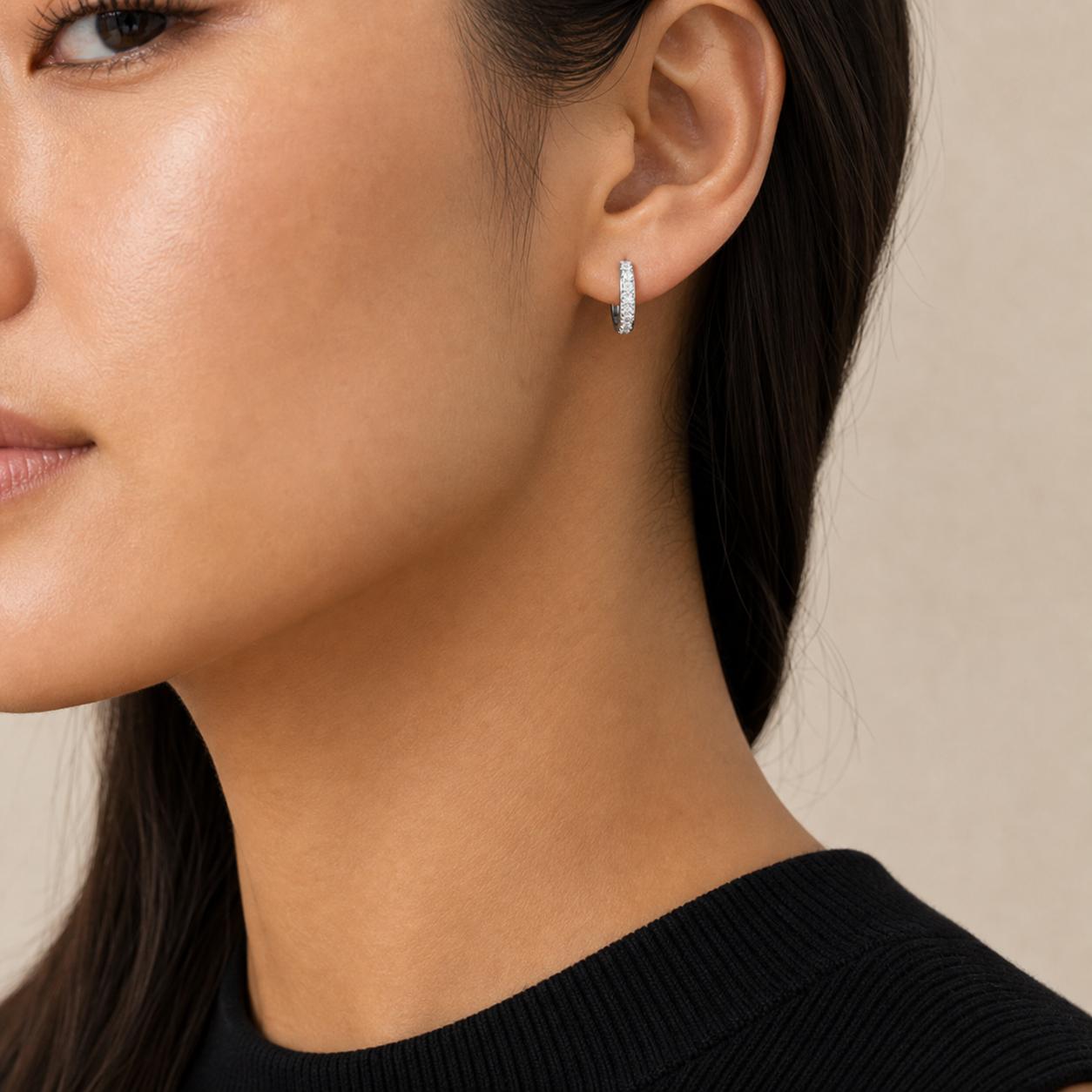 Lucia Pave Huggie Hoop Earrings model silver by SURI