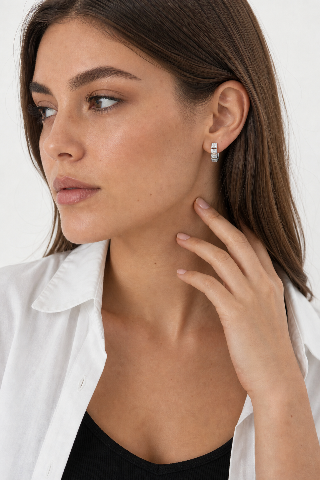 Pave Striped Gold Open Hoops model silver by SURI