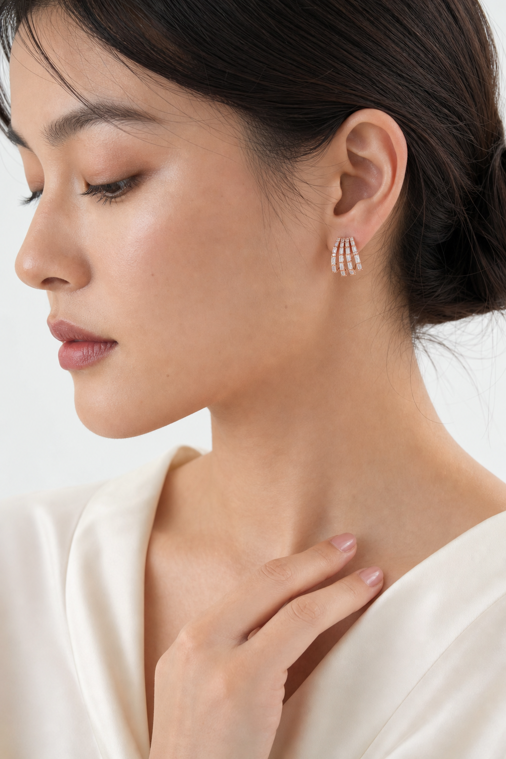 Baguette and Diamond Four Wrap Earrings model rose gold asian by SURI