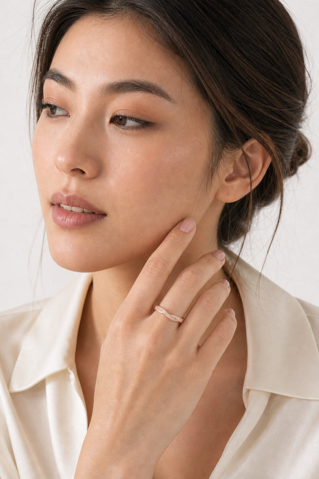 Thin Stackable Pave Dome Ring model rose gold asian by SURI