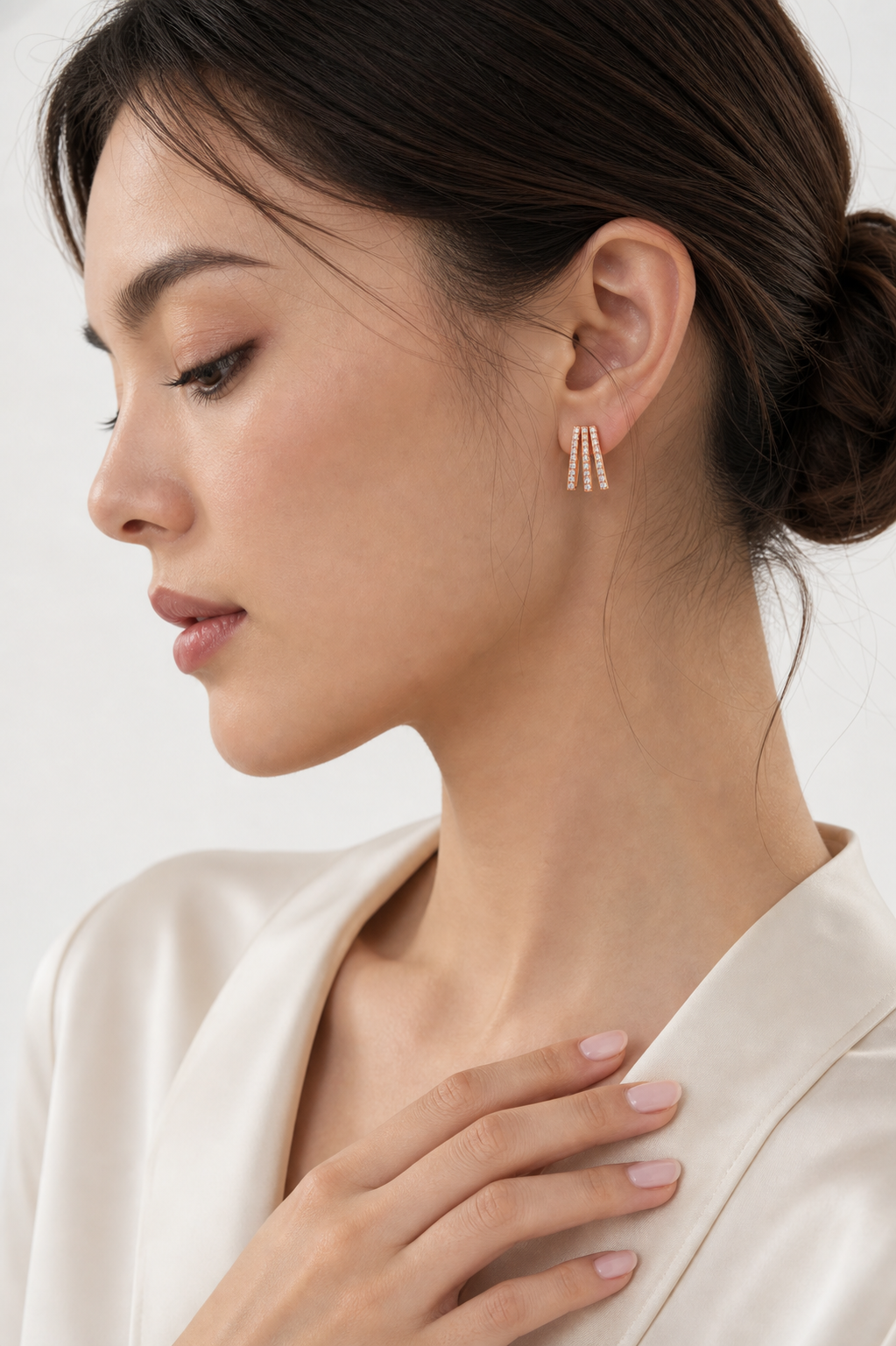 Three Pave Wrap Earrings model rose gold asian by SURI