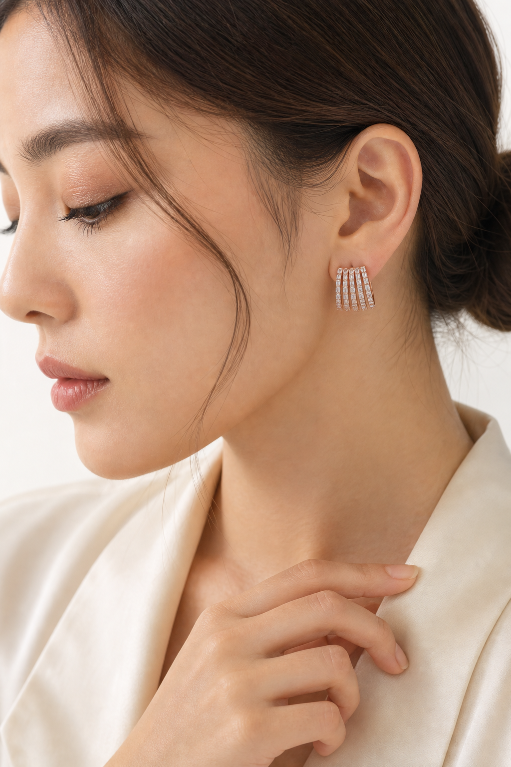 Five Baguette Wrap Earrings model rose gold asian by SURI