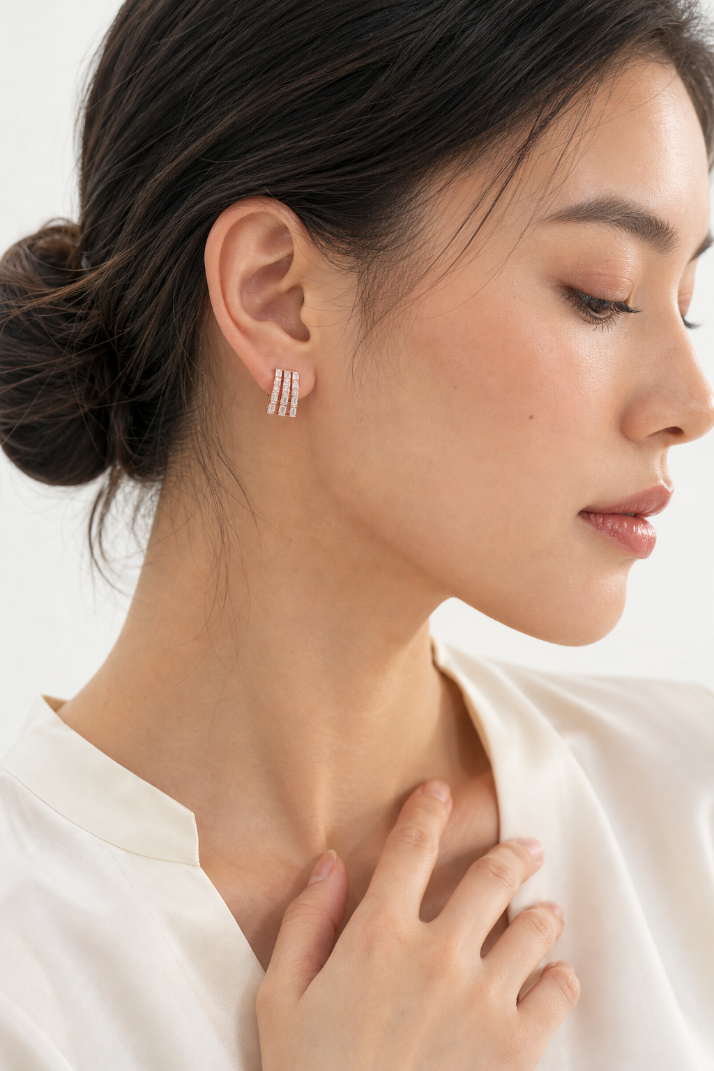Three Baguette Wrap Earrings model rose gold asian by SURI