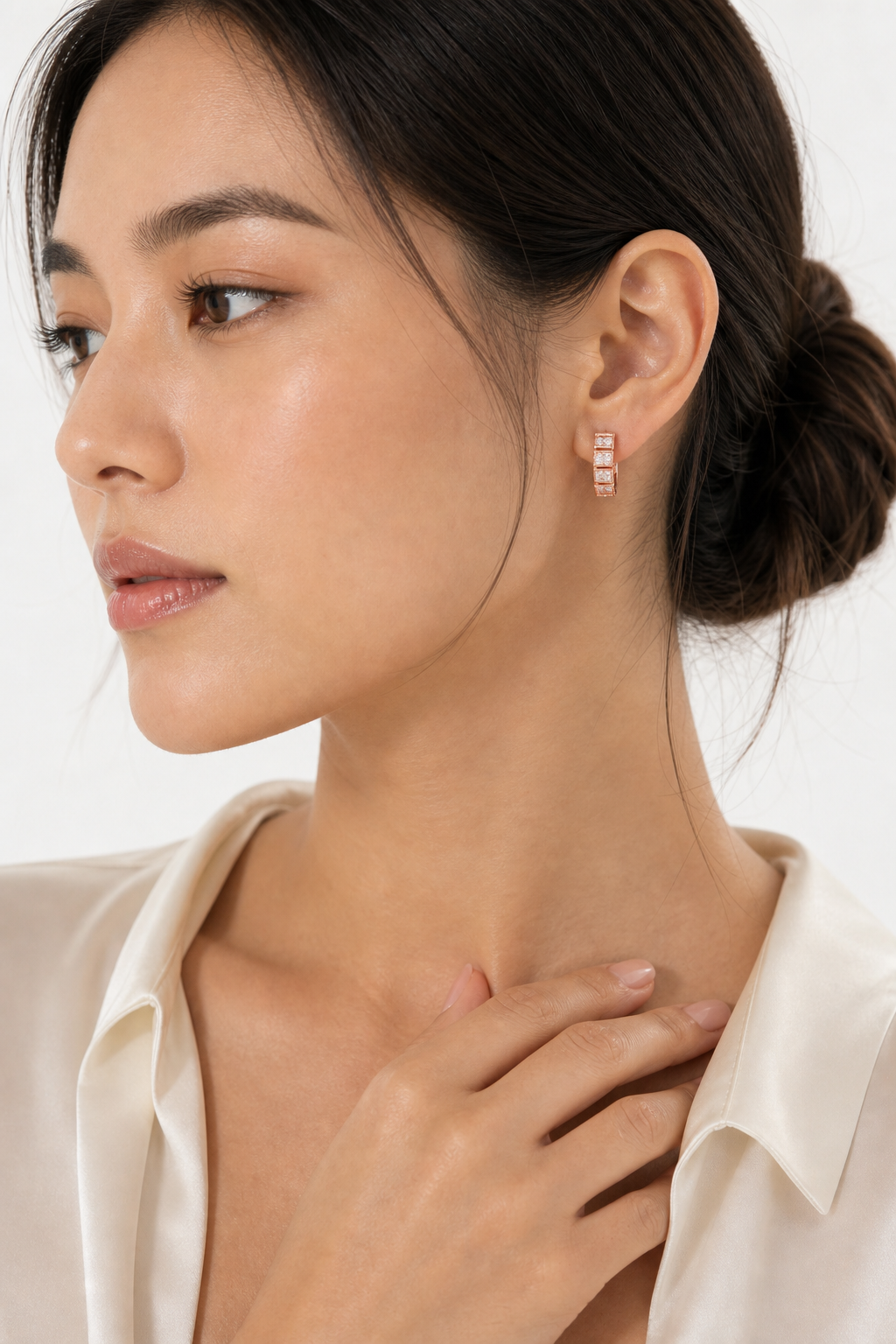 Pave Striped Gold Open Hoops model rose gold asian by SURI