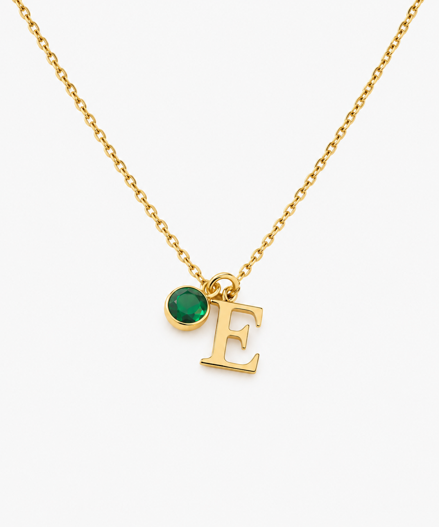 Verna Birthstone Letter Necklace — Yellow Gold on white background