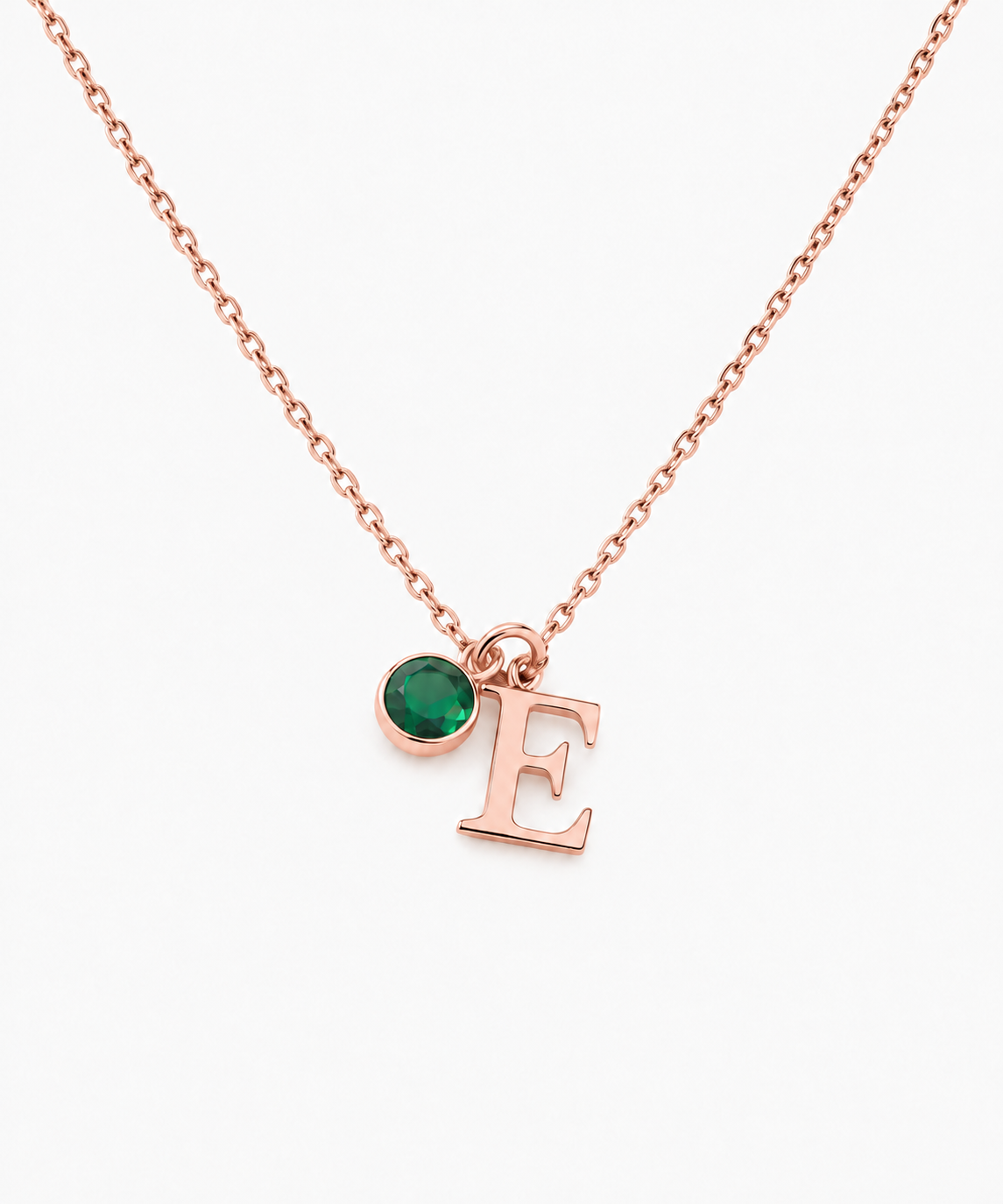 Verna Birthstone Letter Necklace — Rose Gold on white background