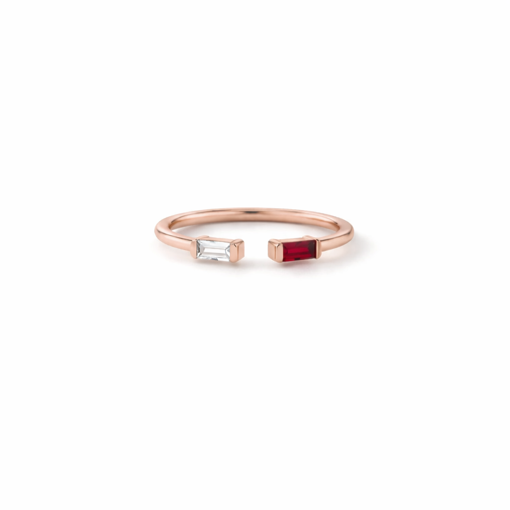Alaia Baguette Birthstone Ring layering detail by SURI