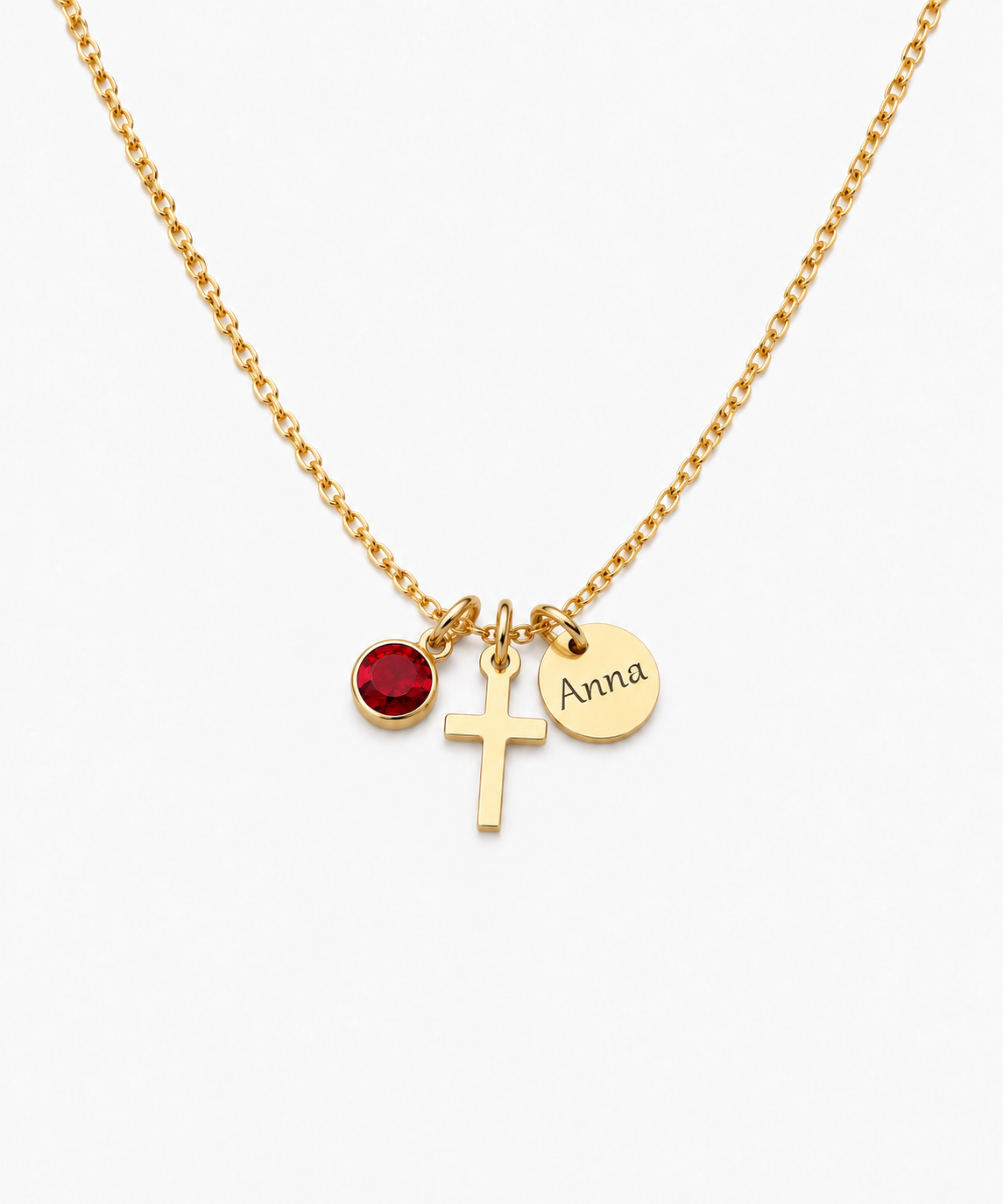 Trinity Cross Disc Birthstone Necklace — Yellow Gold on white background