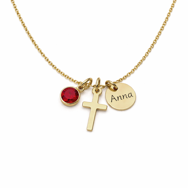 Trinity Cross Disc Birthstone Necklace