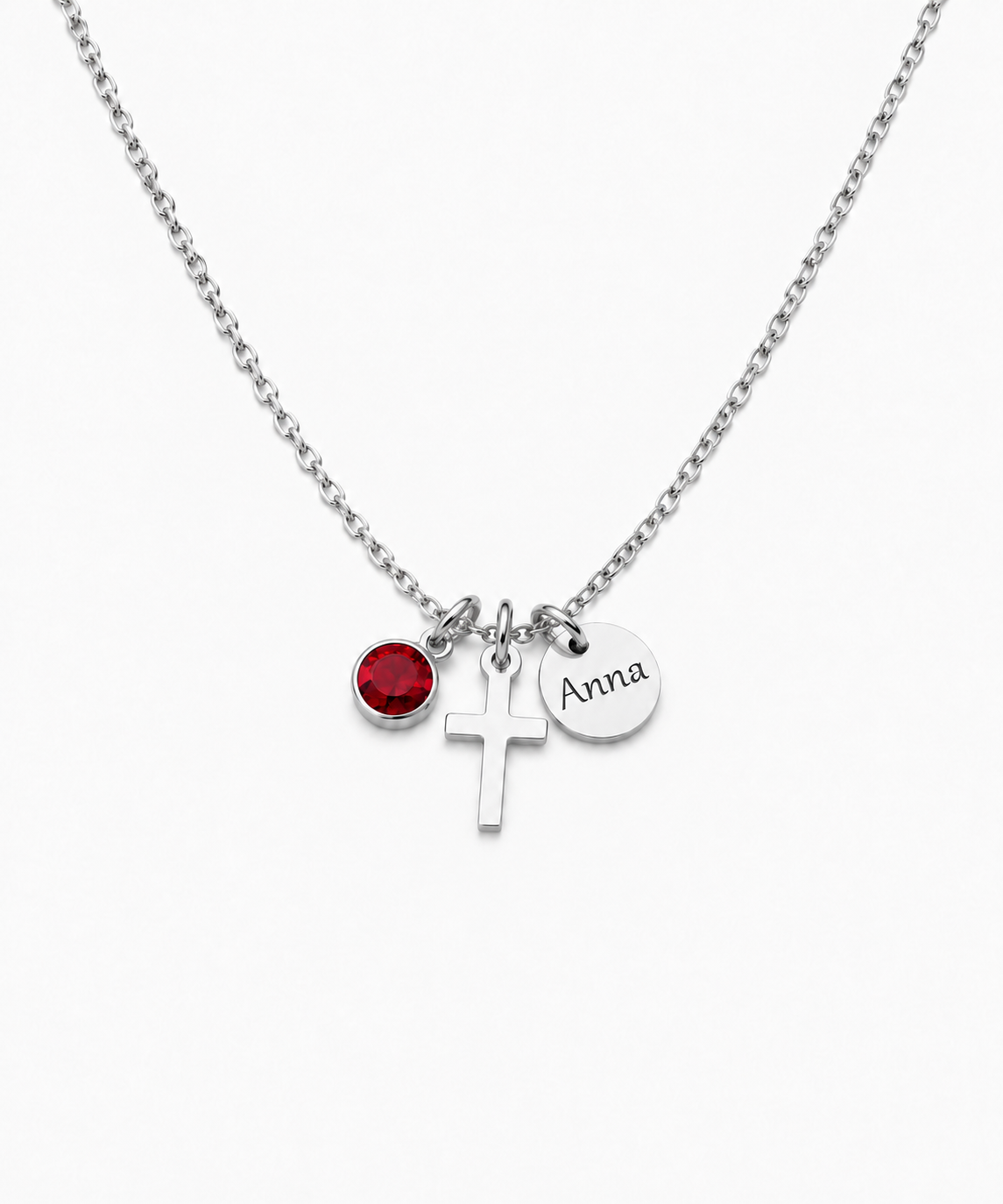 Trinity Cross Disc Birthstone Necklace — Silver on white background