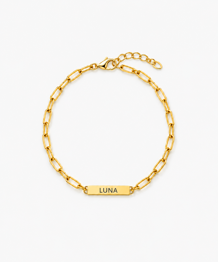Ethel Engravable Paperclip Chain Bracelet — Yellow Gold on white background