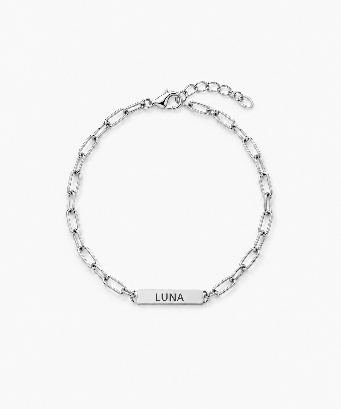 Ethel Engravable Paperclip Chain Bracelet — silver on white/gray background