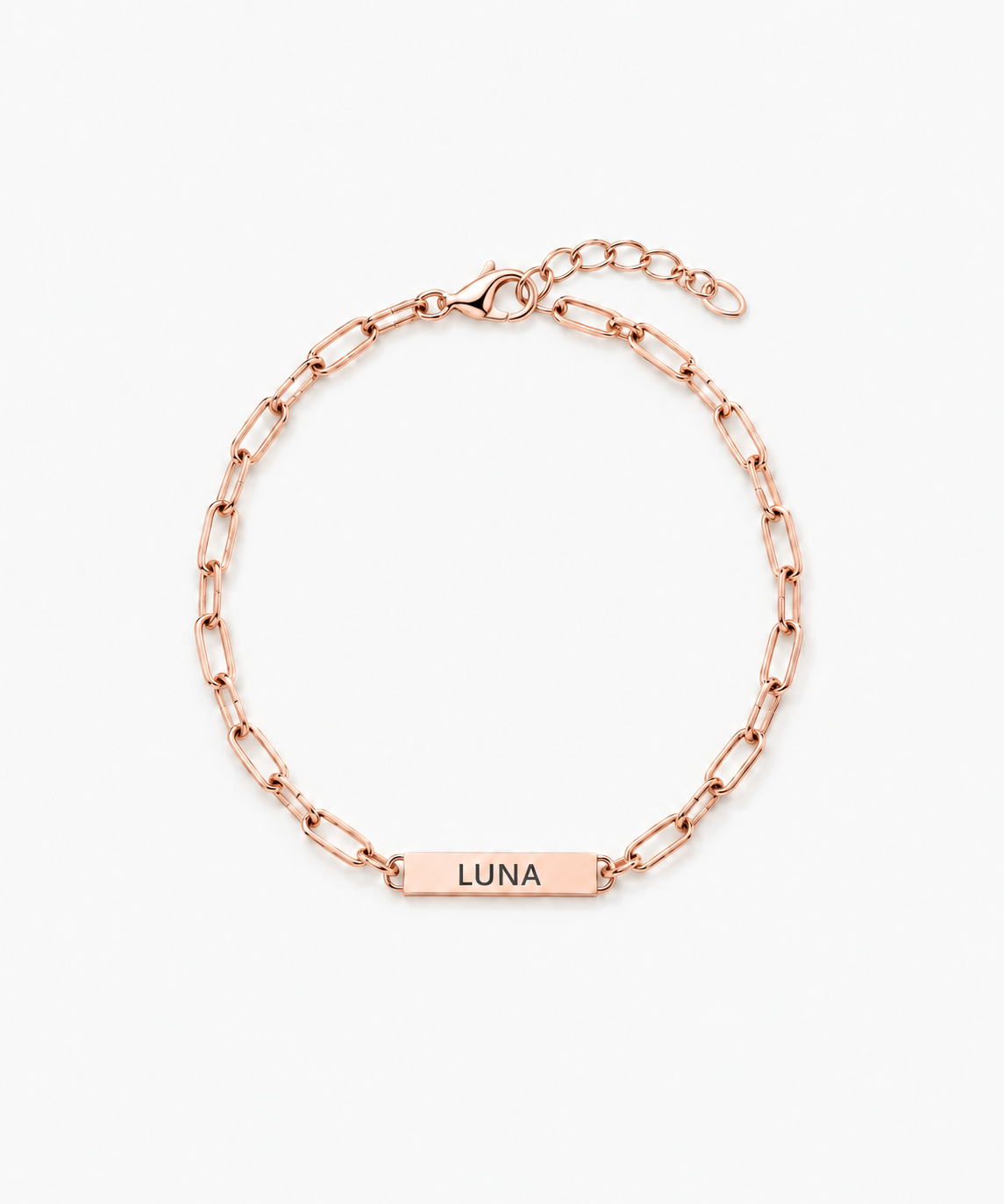 Ethel Engravable Paperclip Chain Bracelet — rose gold on white/gray background
