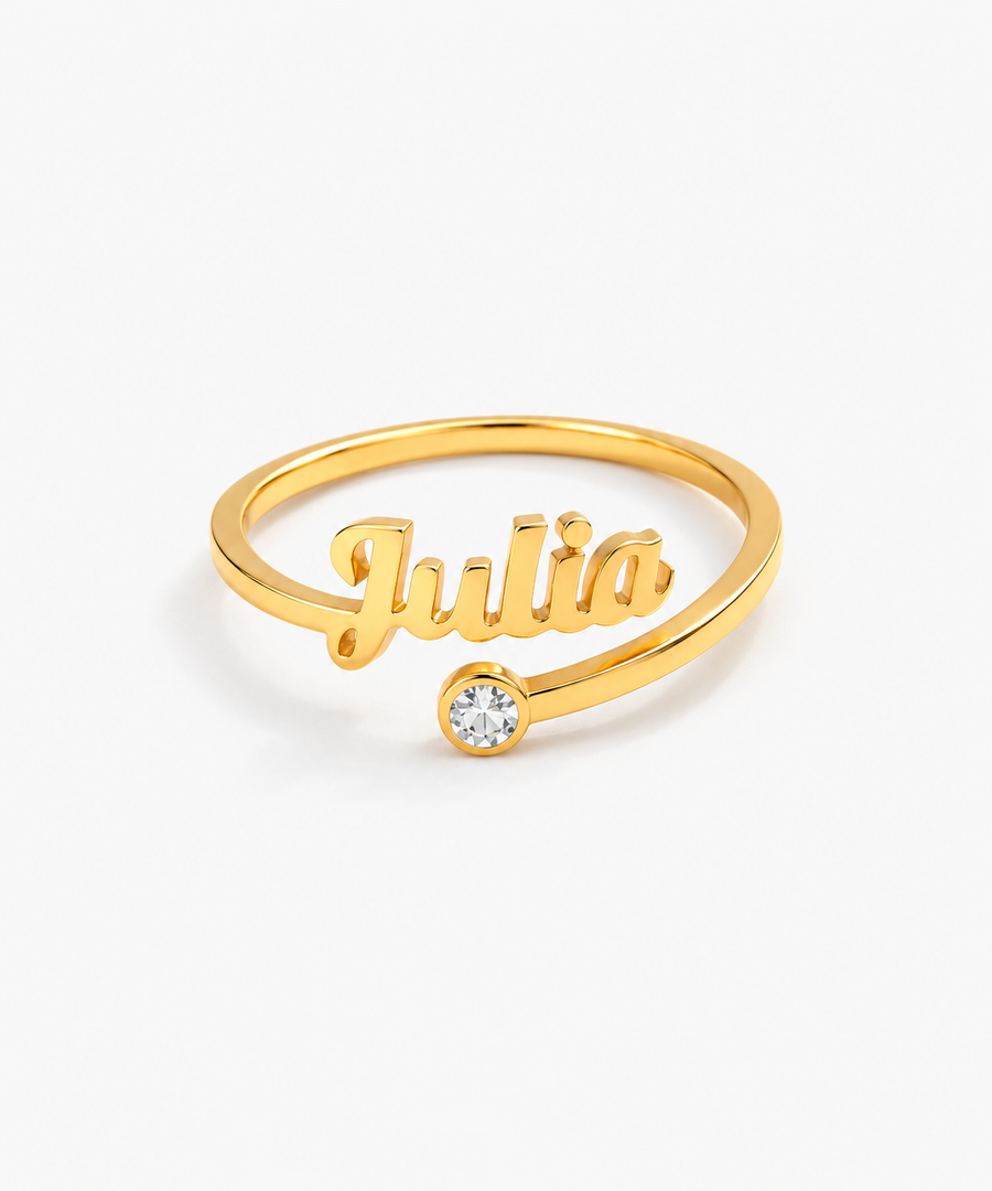 Gaia Engravable Birthstone Ring — Yellow Gold on white background