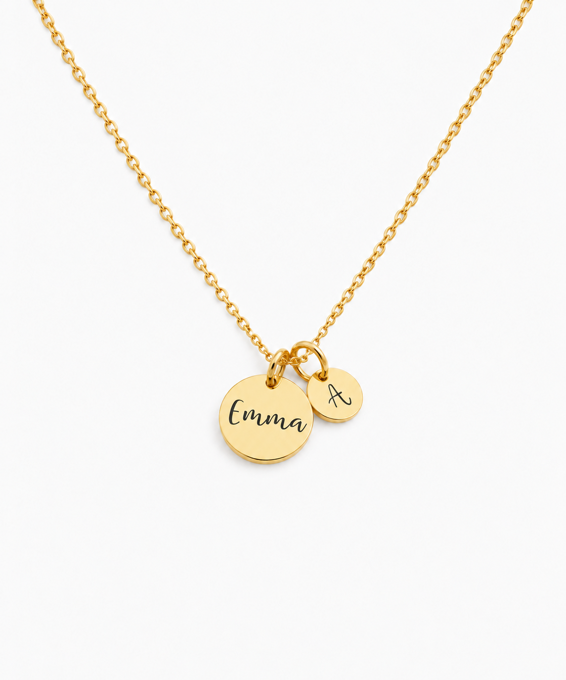 Elia Engravable Disc Necklace in gold on white background