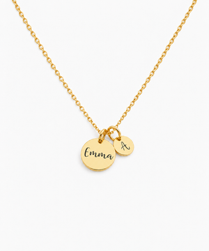 Elia Engravable Disc Necklace in gold on white background