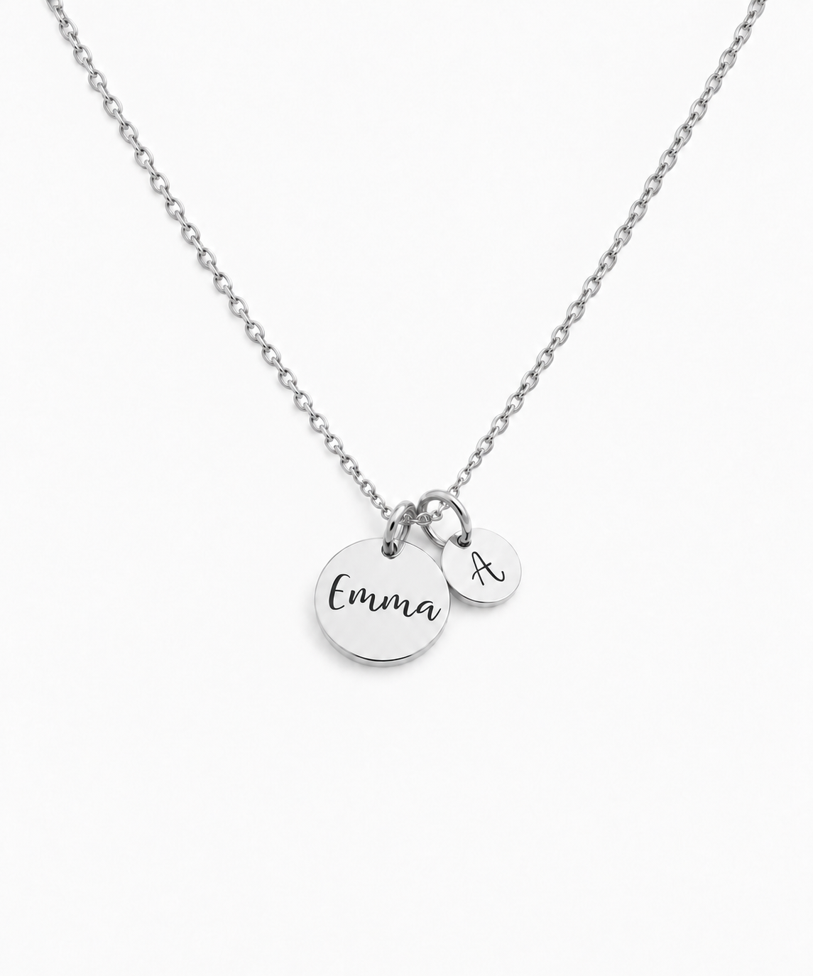 Elia Engravable Disc Necklace in silver on white background