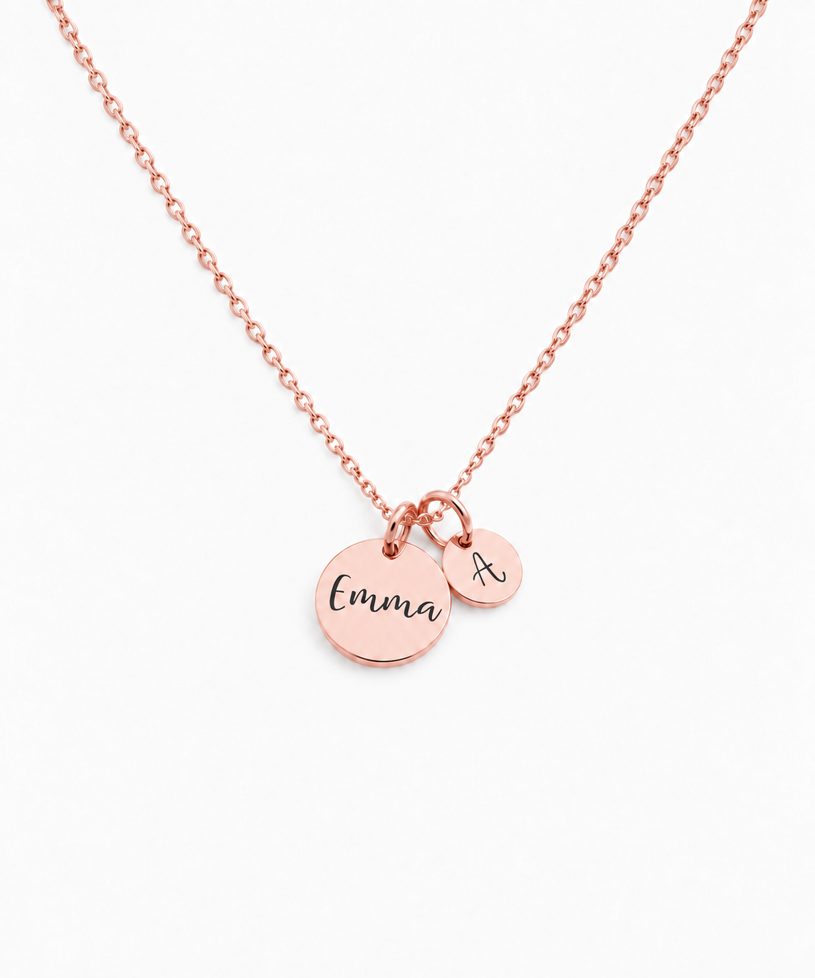 Elia Engravable Disc Necklace in rose gold on white background