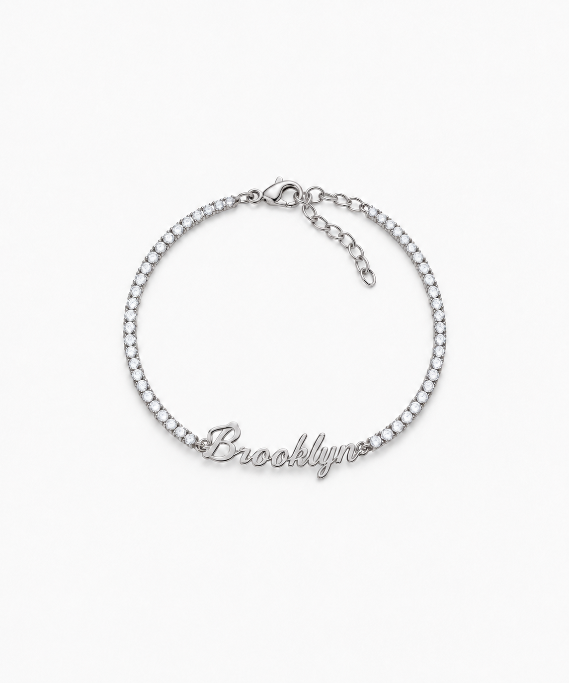 Estée Engravable Tennis Bracelet — silver on white/gray background