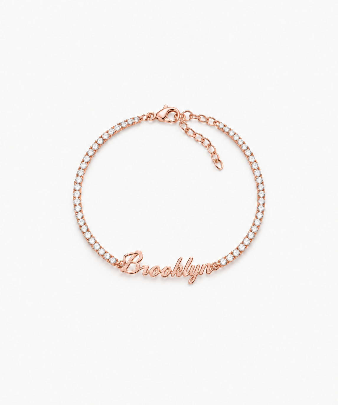 Estée Engravable Tennis Bracelet — rose gold on white/gray background