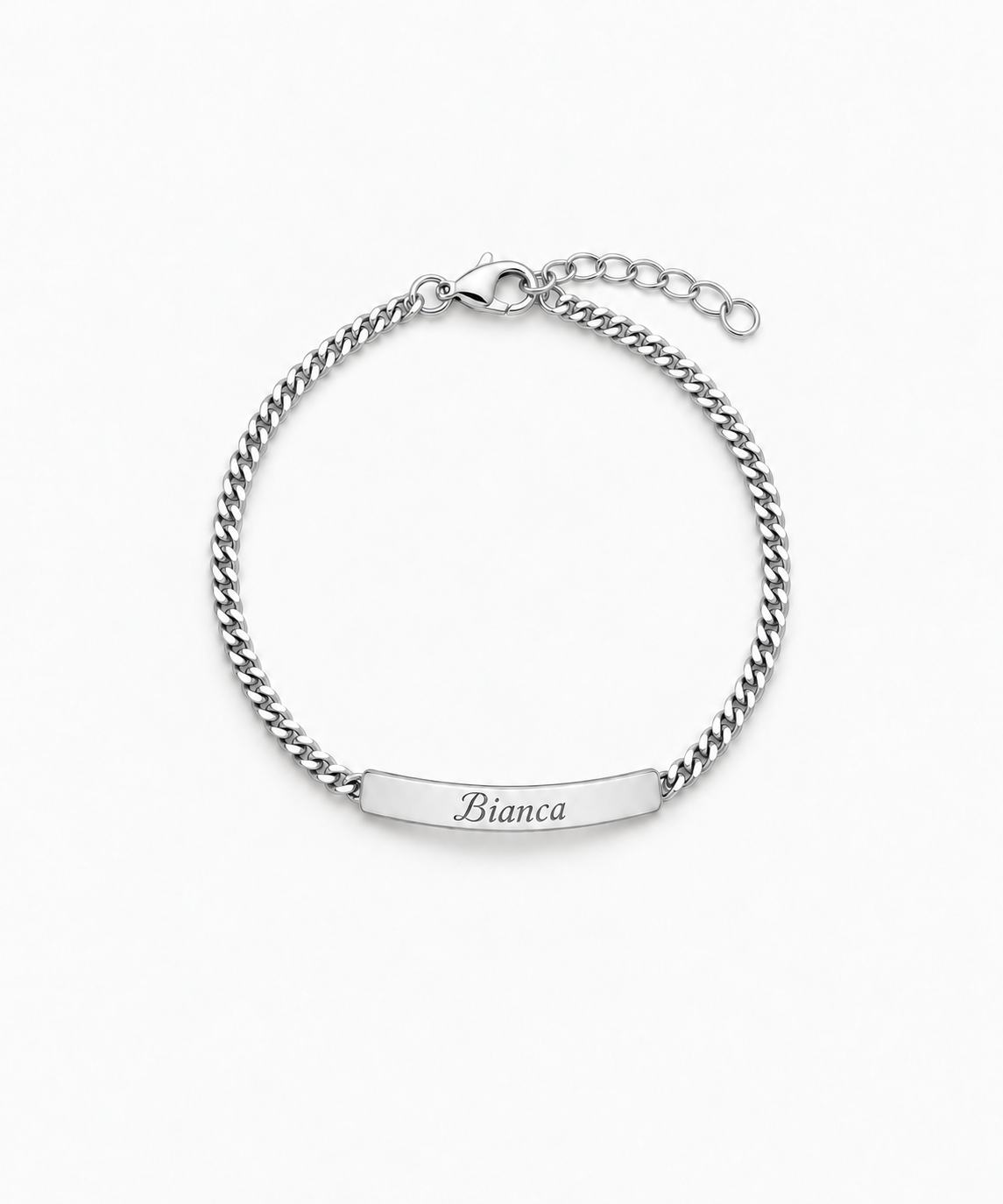 Lucine Engravable Bar Bracelet — silver on white/gray background