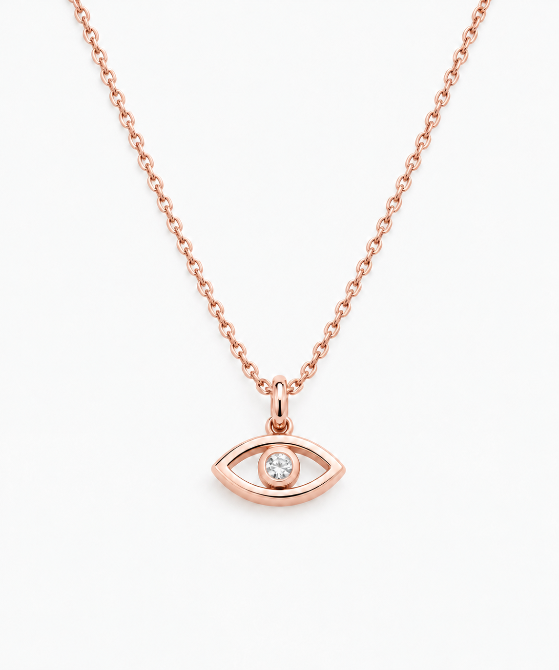 Kyra Evil Eye Necklace — Rose Gold on white background