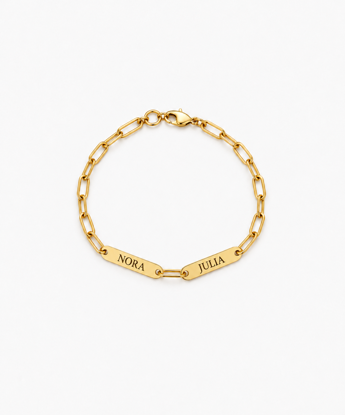 Neve Engravable Paperclip Chain Bracelet — Yellow Gold on white background