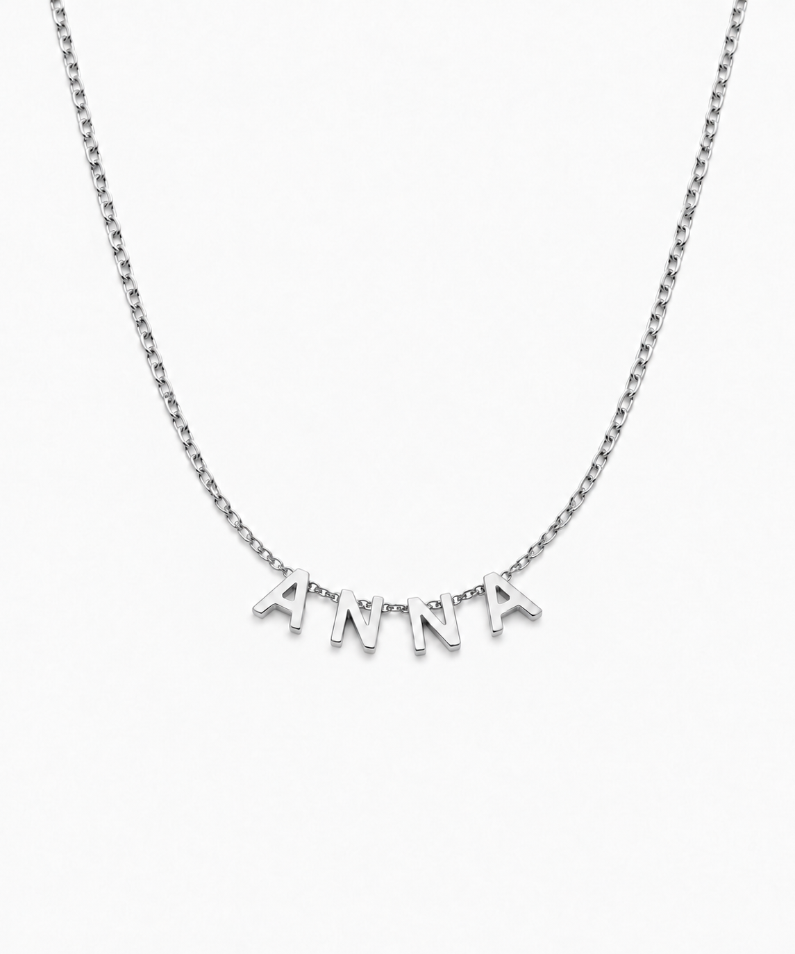 Ava Letter Necklace in silver on white background