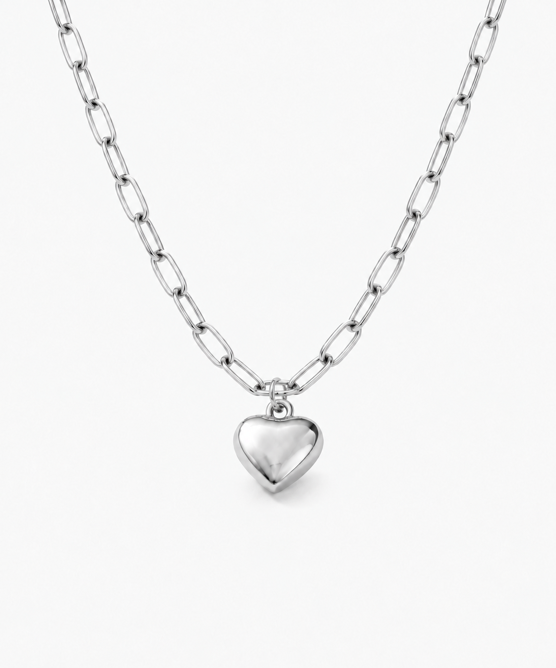 Yumi Paperclip Heart Necklace — Silver on white background
