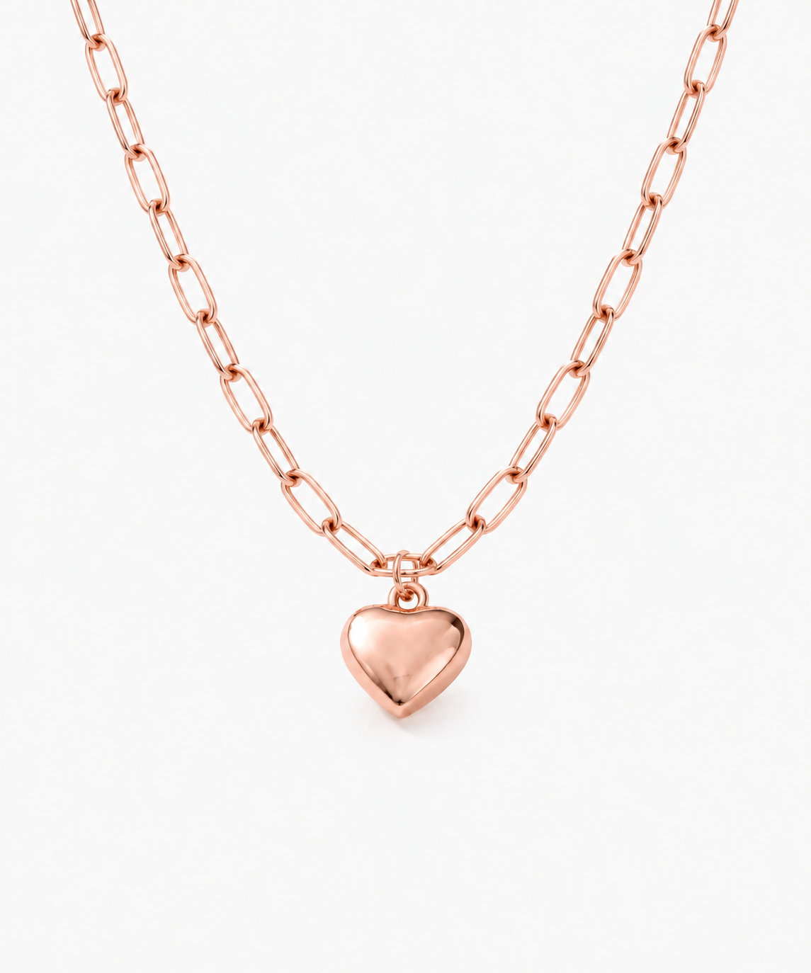 Yumi Paperclip Heart Necklace — Rose Gold on white background