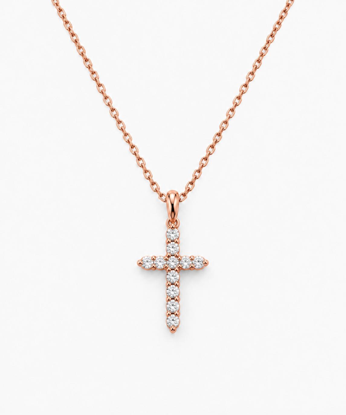 Solène Pavé Cross Necklace — Rose Gold on white background