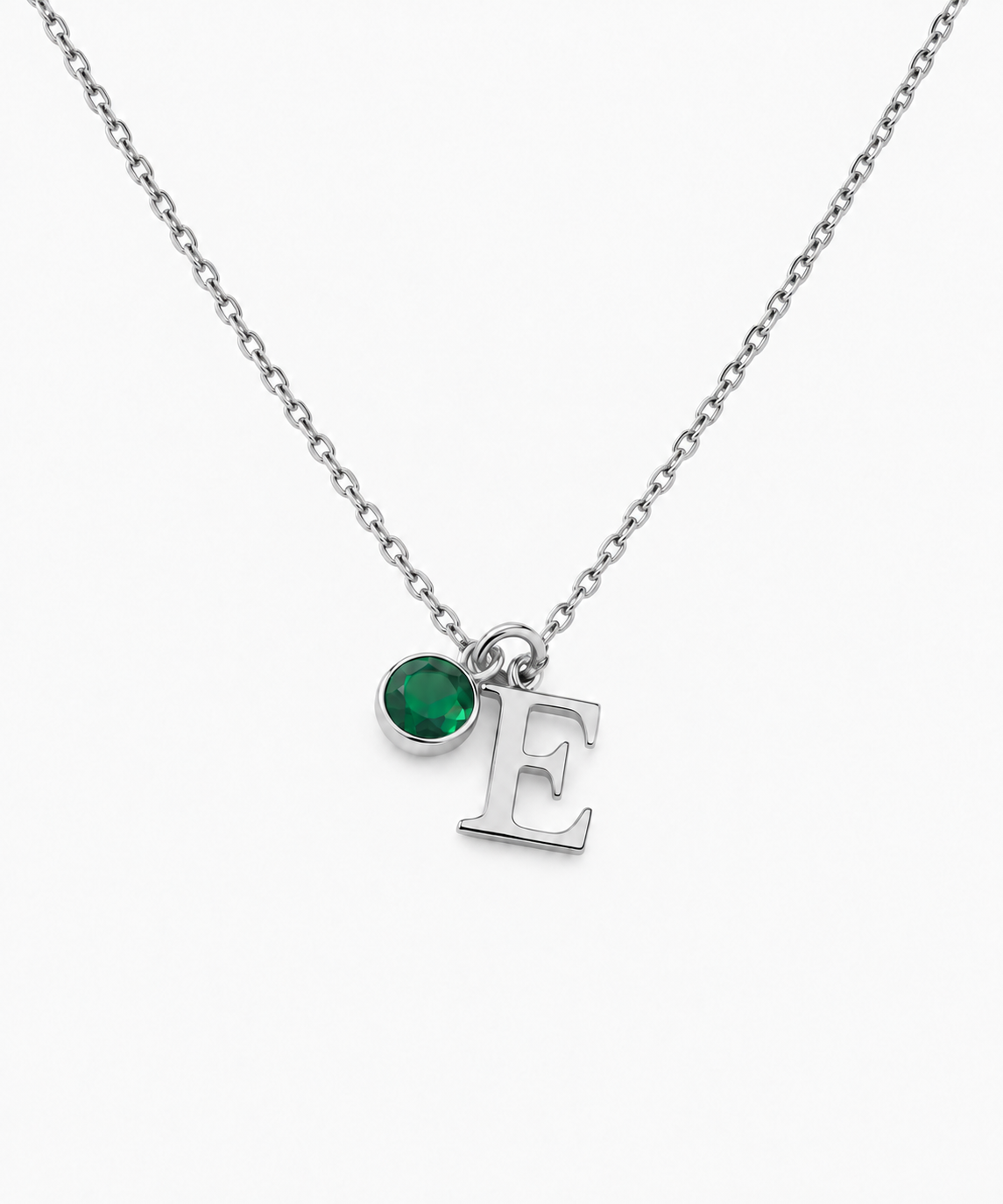 Verna Birthstone Letter Necklace — Silver on white background