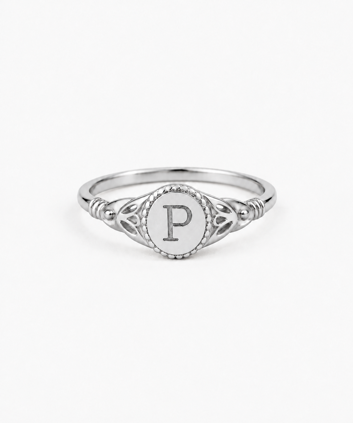 Audrey Initial Signet Ring in silver on white background
