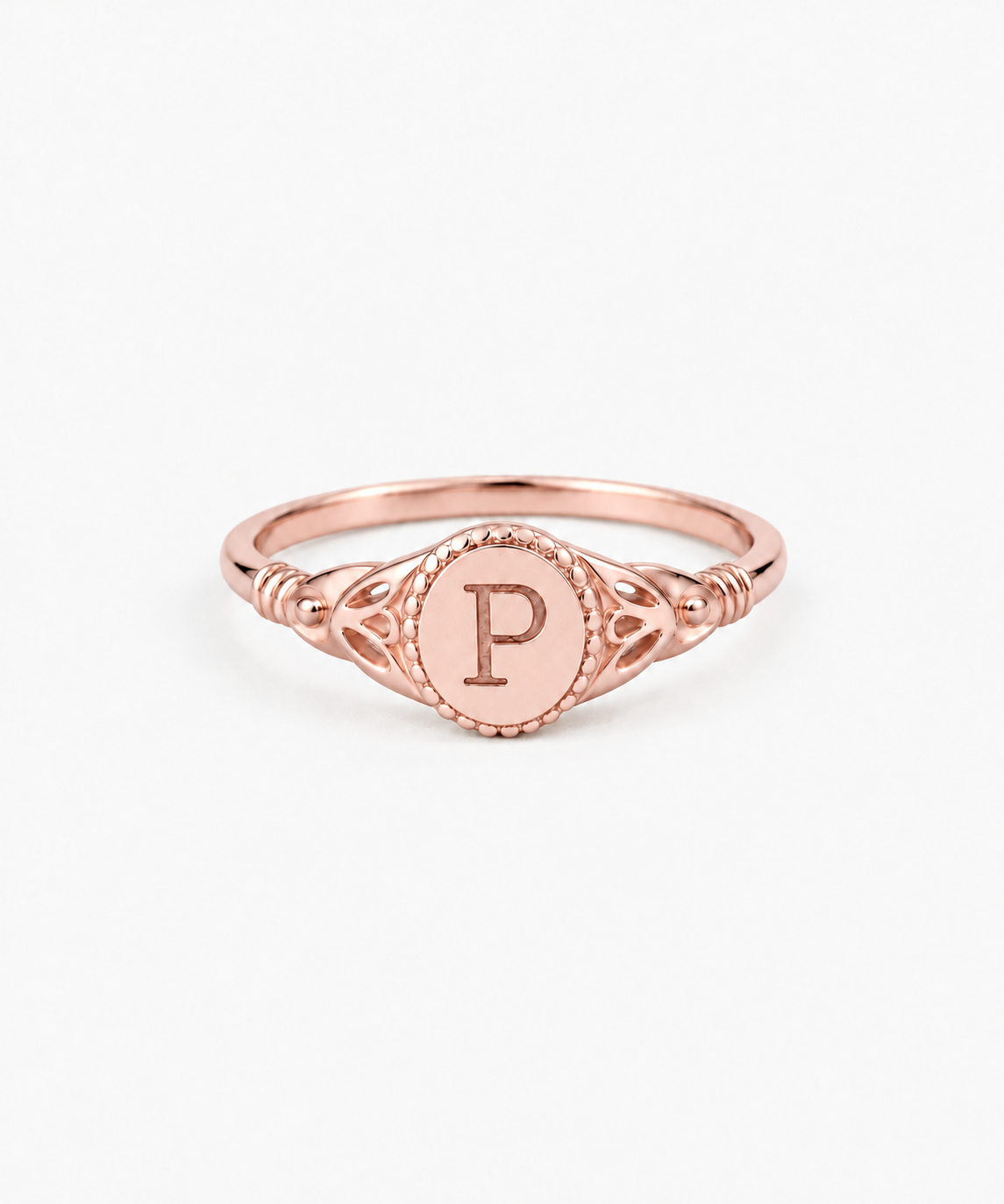 Audrey Initial Signet Ring in rose gold on white background