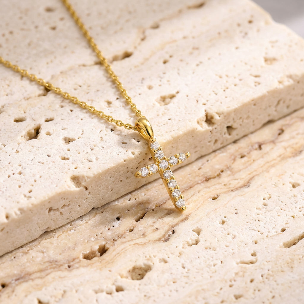 Solene Pave Cross Necklace close-up detail by SURI