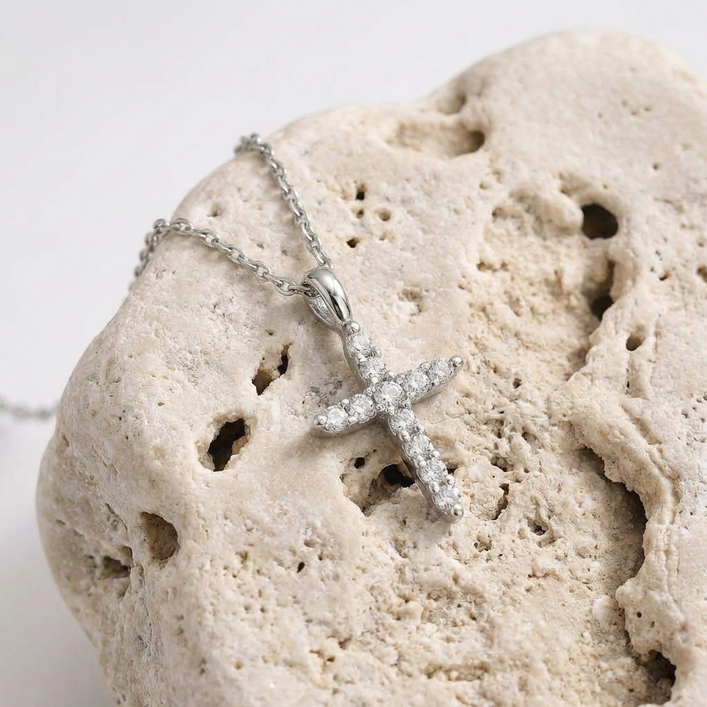 Solene Pave Cross Necklace finish detail by SURI