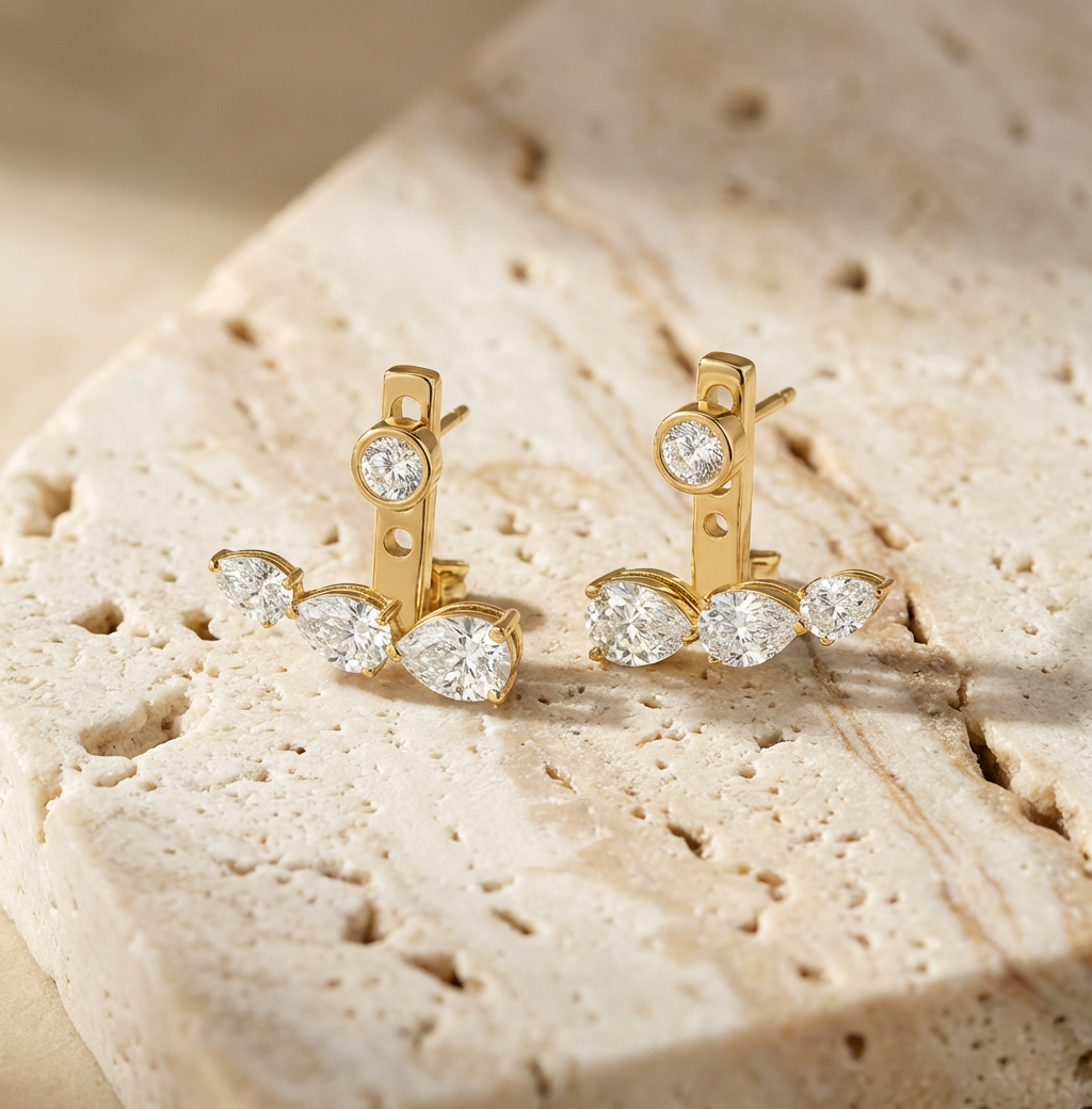 Etheria Marquise Pear Jacket Earrings layering detail by SURI