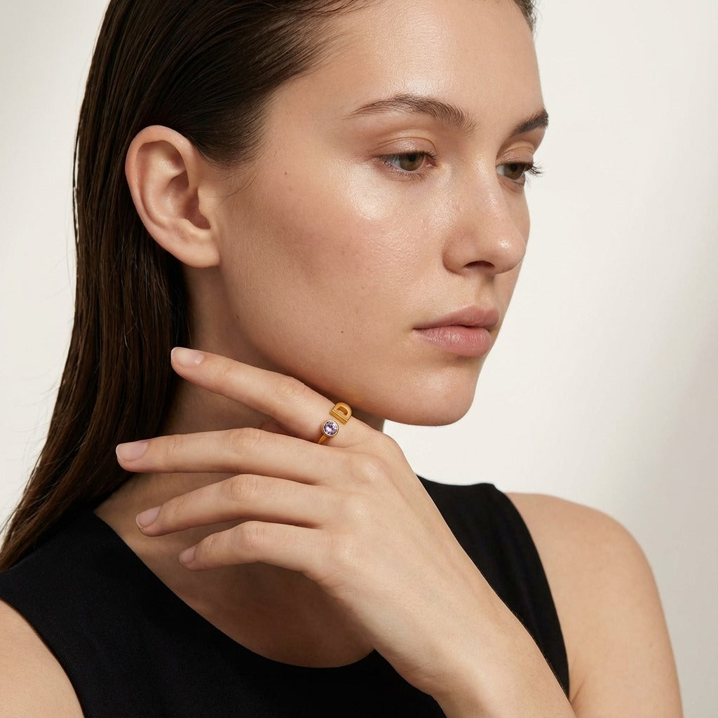 Bubble Initial Birthstone Ring