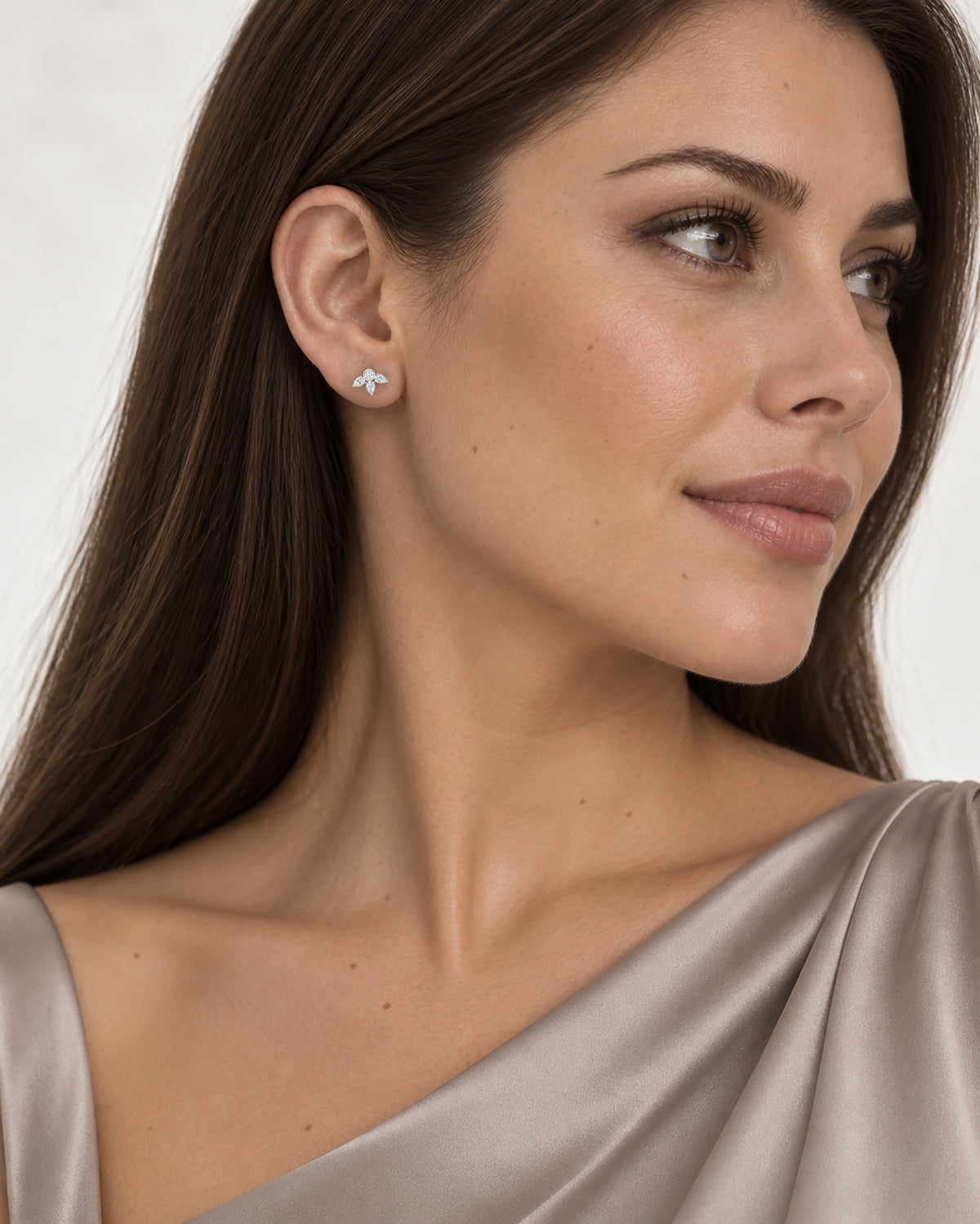 Camille Pear-Cut Stud Earrings in silver, worn on model