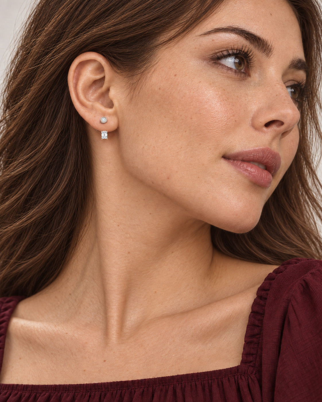 Clara Emerald-Cut Jacket Earrings in rose gold, worn on model