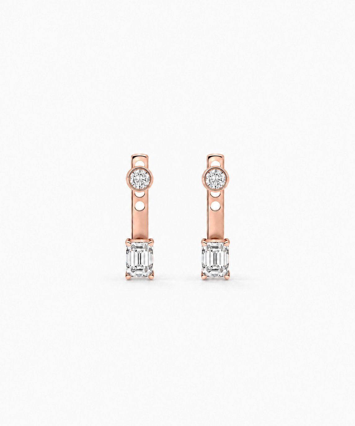 Clara Emerald-Cut Jacket Earrings — Rose Gold on white background